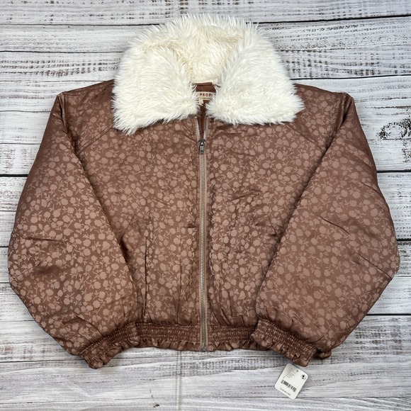 Free People Jackets & Blazers - NWT Free People Puffer Jacket Crafted Floral Faux Fur Collar Bomber Sz Large